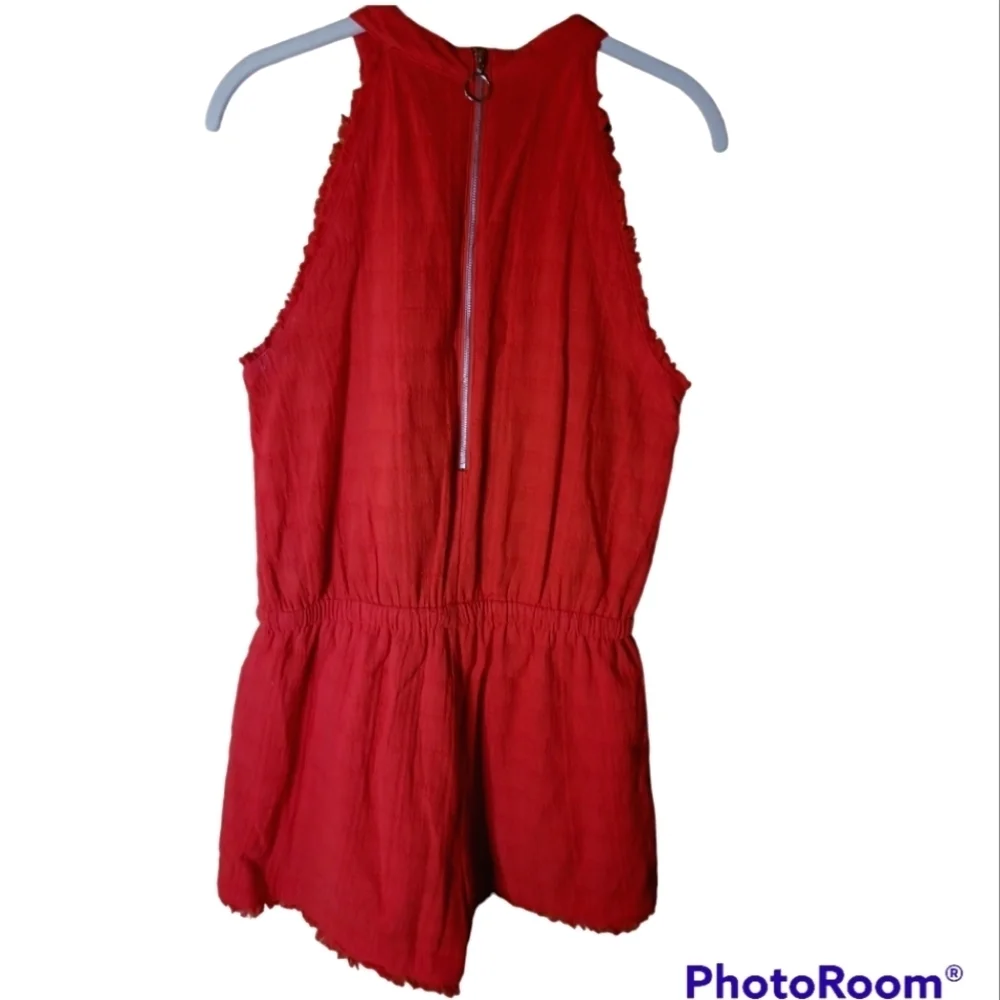 Very J* Cotton* Sleeveless Romper* Drawstring Elastic Waist* Raw Hem* Red* Sz M
